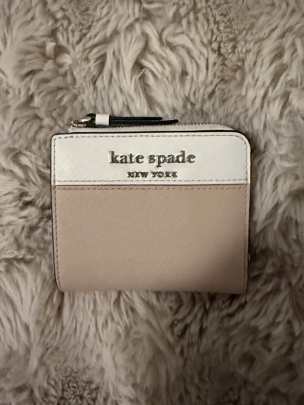 Kate Spade Two-Tone Compact Zip Wallet in White and Blush